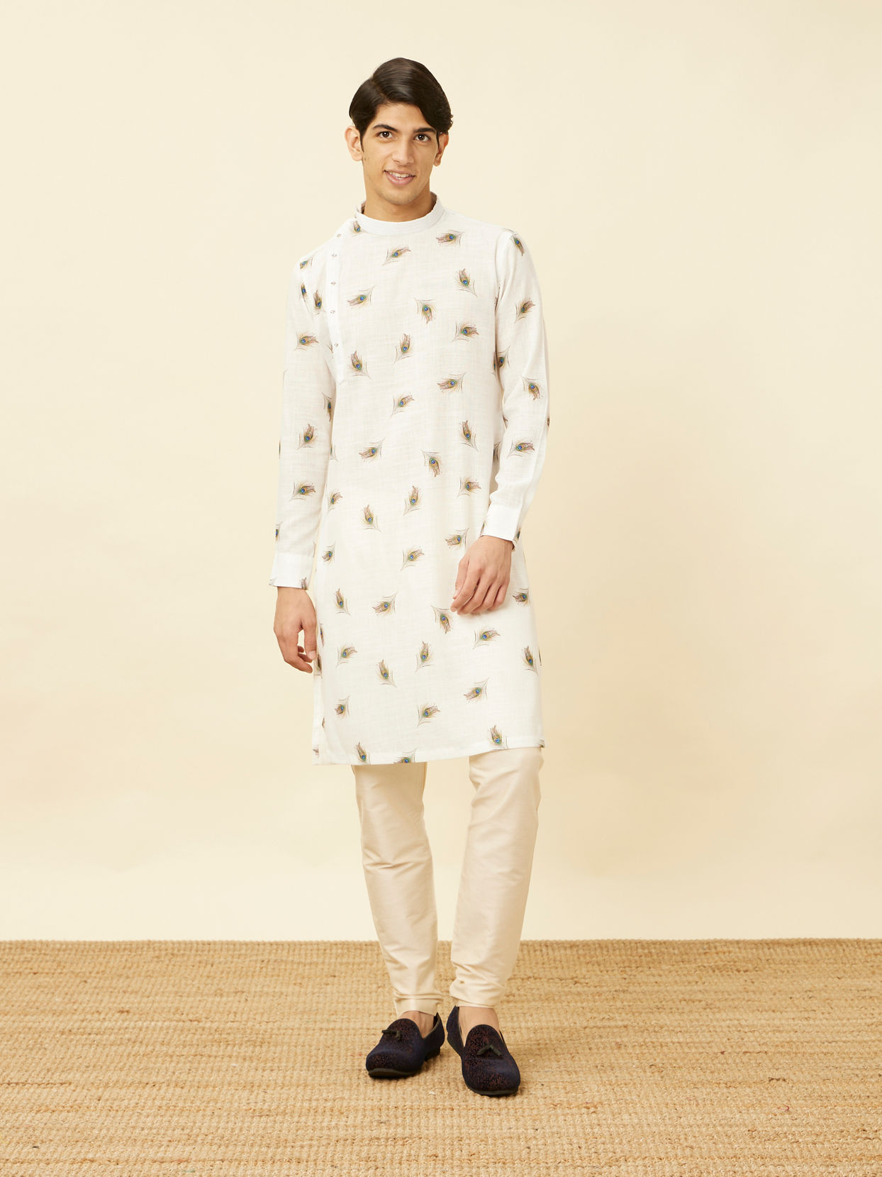 alt message - Manyavar Men Bright White Angrakha Style Kurta with Mor Pankh Print image number 2